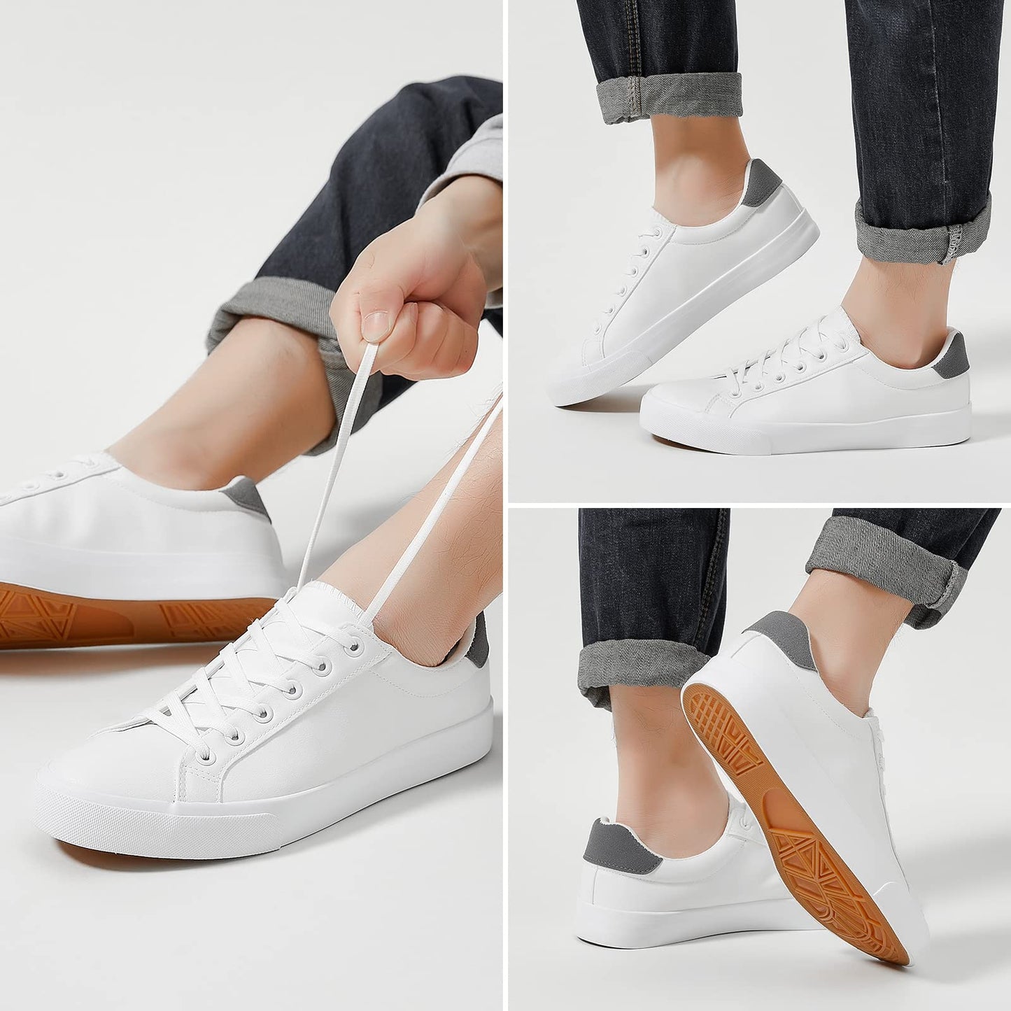 White Leather Sneakers Low Top Lace Up Casual Comfort