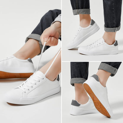 White Leather Sneakers Low Top Lace Up Casual Comfort