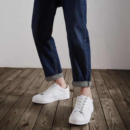 White Leather Sneakers Low Top Lace Up Casual Tennis Shoes